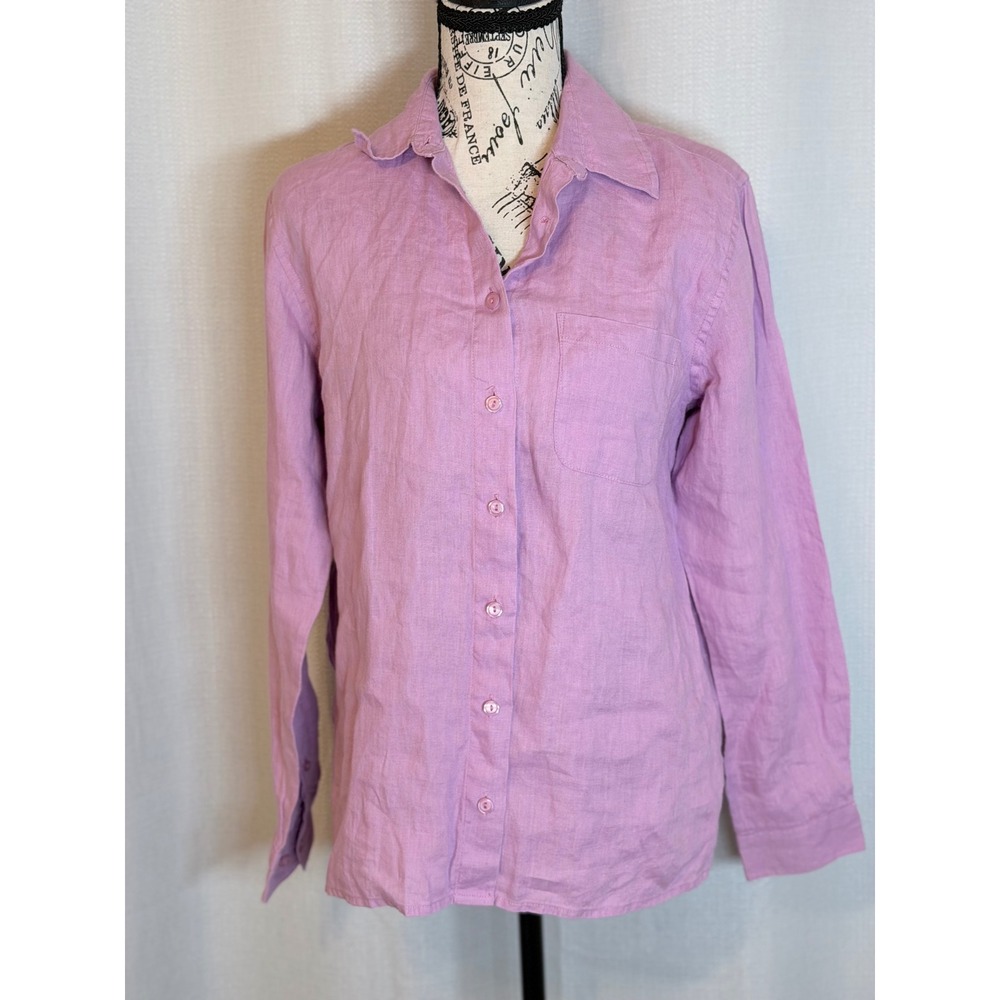 L.L.Bean Button Down Shirt Womens M Purple Excellent Linen Long Sleeve Top